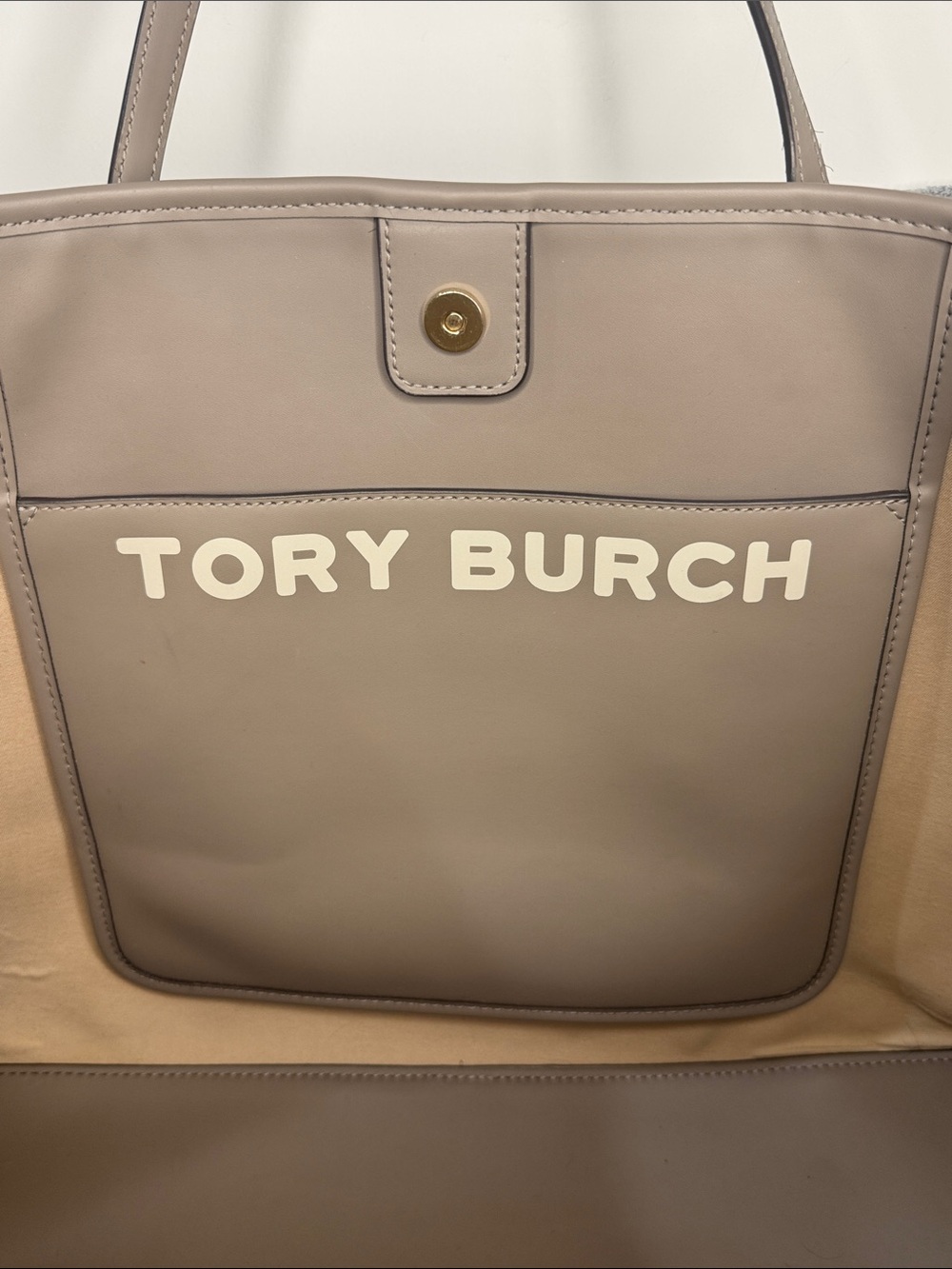 Tory Burch Taupe Canvas Tote with Navy & Cream Center Stripe - Picture 2 of 7